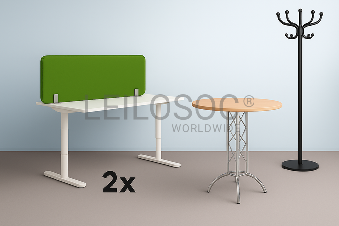2 Bureaux réglables + 1 Séparateur de bureau + 1 Porte-manteau + 1 Table ronde