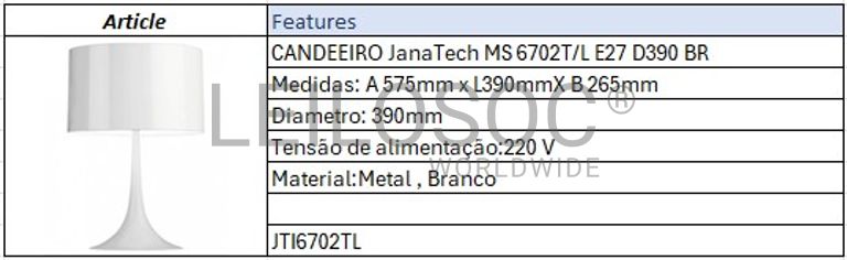 Fotografia 5 de 5: Candeeiro JanaTech MS 6702T/L E27 D390 BR