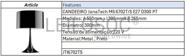 Fotografia 2 de 4: Candeeiro JanaTech MS 6702T/S E27 D300 PT