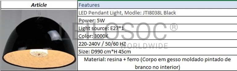 Fotografia 10 de 10: Candeeiro  de Suspensão JanaTech 8038L D900 PT