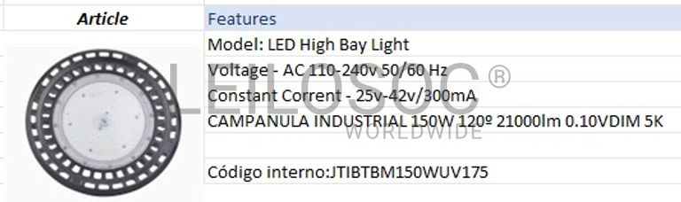 Fotografia 3 de 8: CAMPANULA INDUSTRIAL 150W 120º 21000lm 0.10VDIM 5K