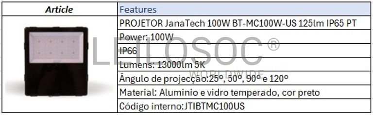 PROJETOR JanaTech 100W BT-MC100W-US 125lm IP65 PT
