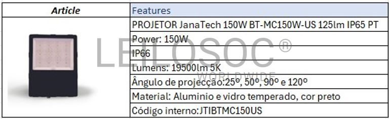 PROJETOR JanaTech 150W BT-MC150W-US 125lm IP65 PT