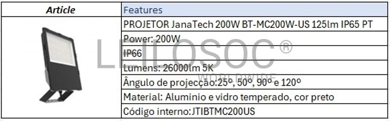 PROJETOR JanaTech 200W BT-MC200W-US 125lm IP65 PT