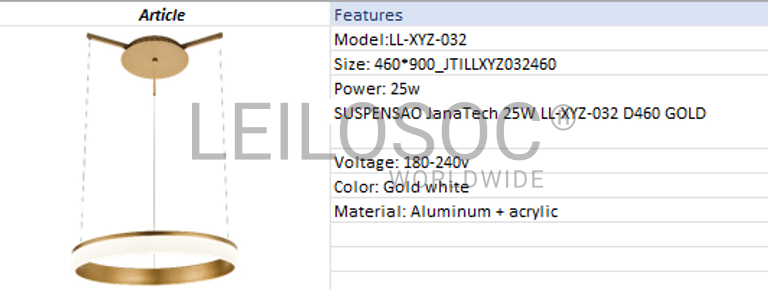 Candeeiro de Suspensão JanaTech 25W LL-XYZ-032 D460 GOLD