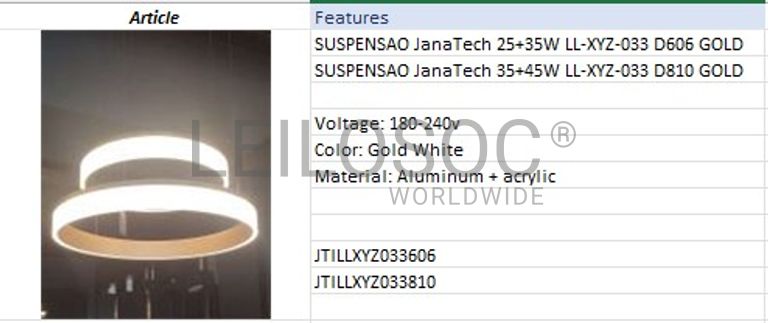 Fotografia 3 de 5: Candeeiro de Suspensão JanaTech 25+35W LL-XYZ-033 D606 GOLD