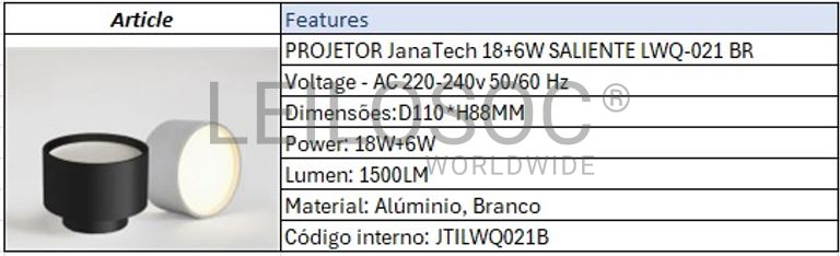 Projetor JanaTech 18+6W SALIENTE LWQ-021 BR