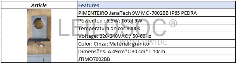 Candeeiro Pimenteiro JanaTech 9W MO-7002BB IP65 PEDRA