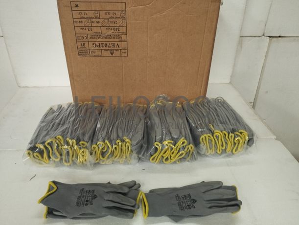 4.176 pares de luvas Delta Plus VE702PG — uso geral, poliéster com PU, 250 mm, n.º 6 e 7